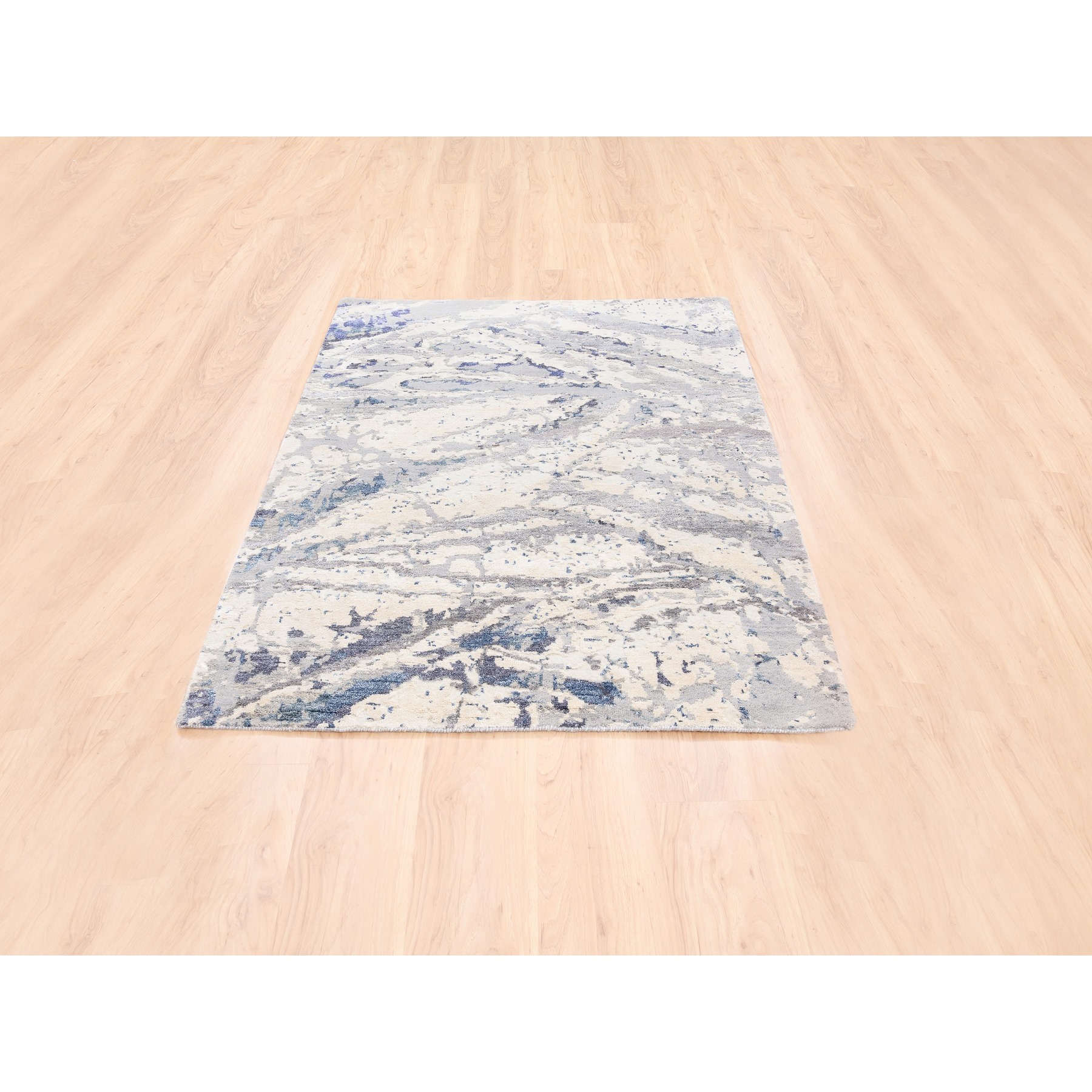 4'1"x5'9" Ivory with a Mix of Blue and Gray Wool and Silk Hand Knotted Abstract Design Modern Oriental Rug HR62429 - Image 2