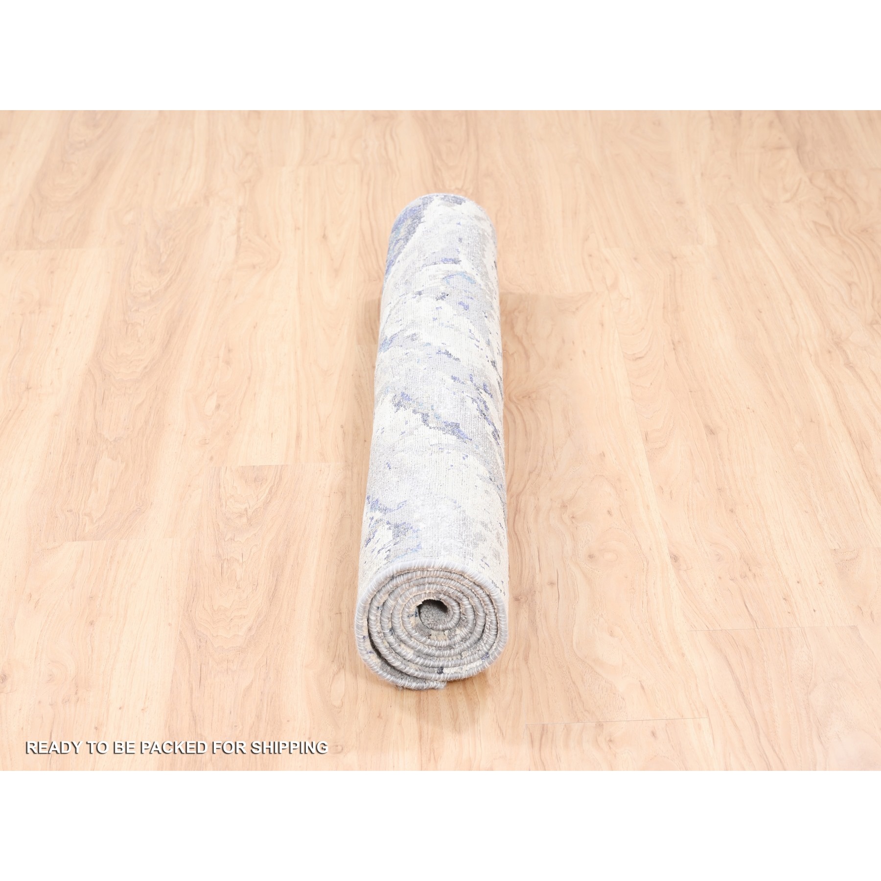 4'1"x5'9" Ivory with a Mix of Blue and Gray Wool and Silk Hand Knotted Abstract Design Modern Oriental Rug HR62429 - Image 6