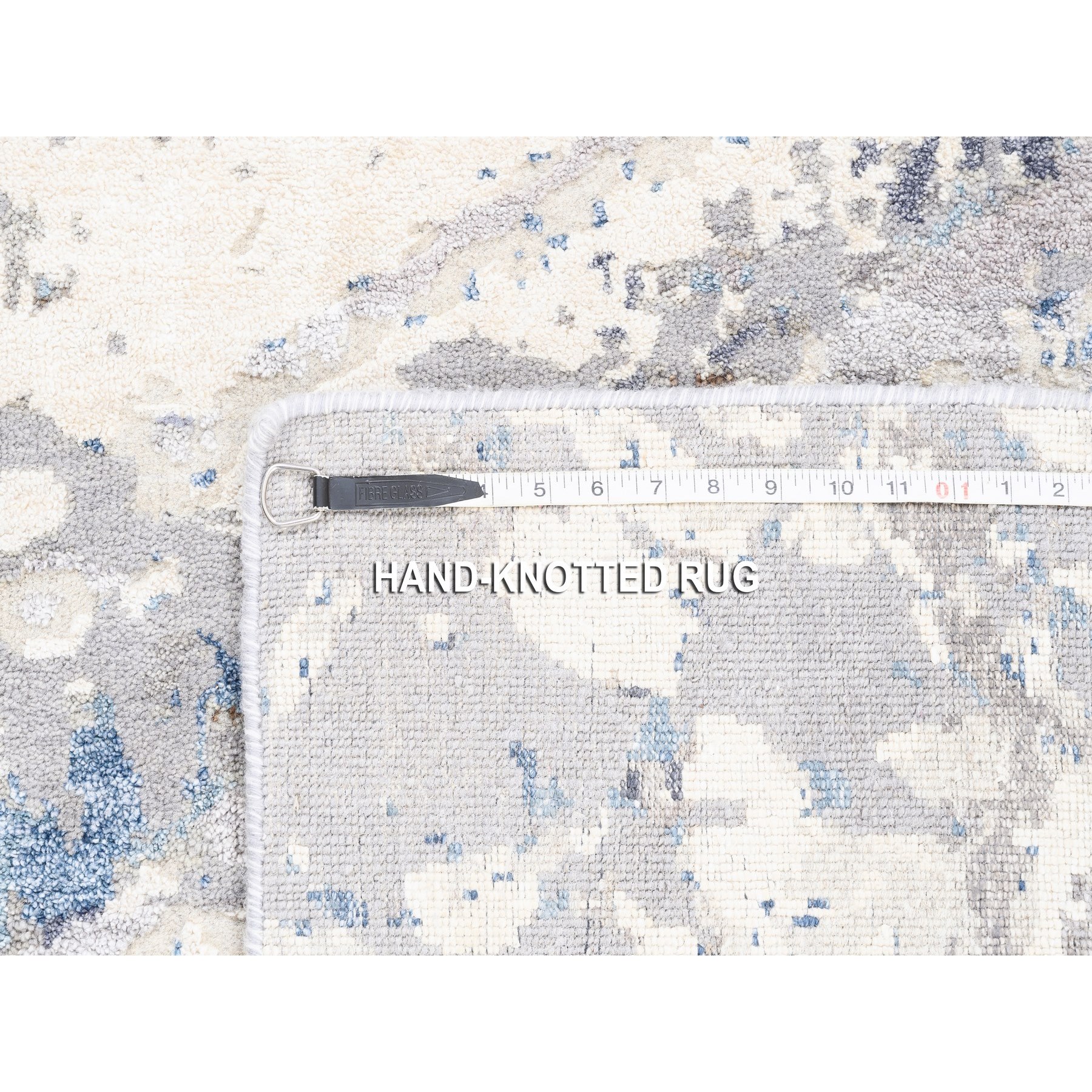 4'1"x5'9" Ivory with a Mix of Blue and Gray Wool and Silk Hand Knotted Abstract Design Modern Oriental Rug HR62429 - Image 8
