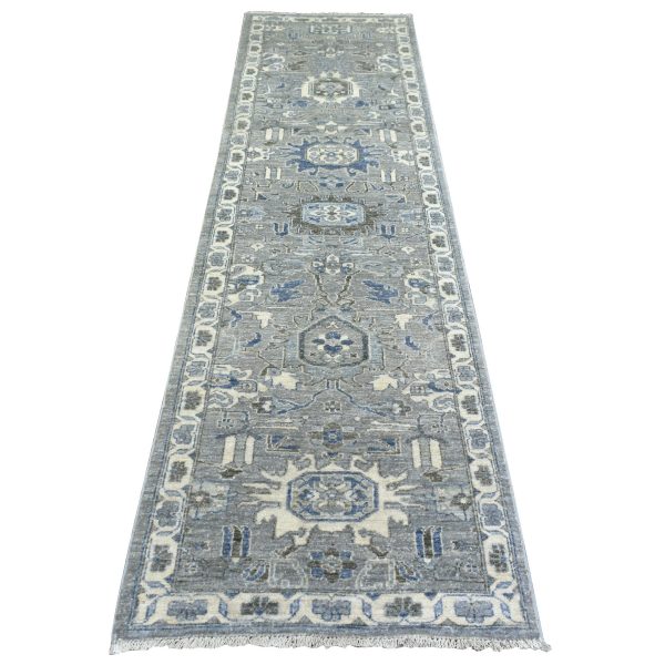 2'6"x9'9" Light Gray, Pure Wool Hand Knotted, Fine Peshawar with Karajeh Design Densely Woven, Runner Oriental Rug HR71952