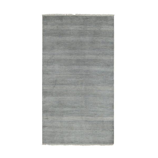 3'10"x7' Charcoal Gray, Tone on Tone Soft to the Touch, Wool and Silk Hand Knotted, Grass Design Dense Weave, Wide Runner Oriental Rug HR79337