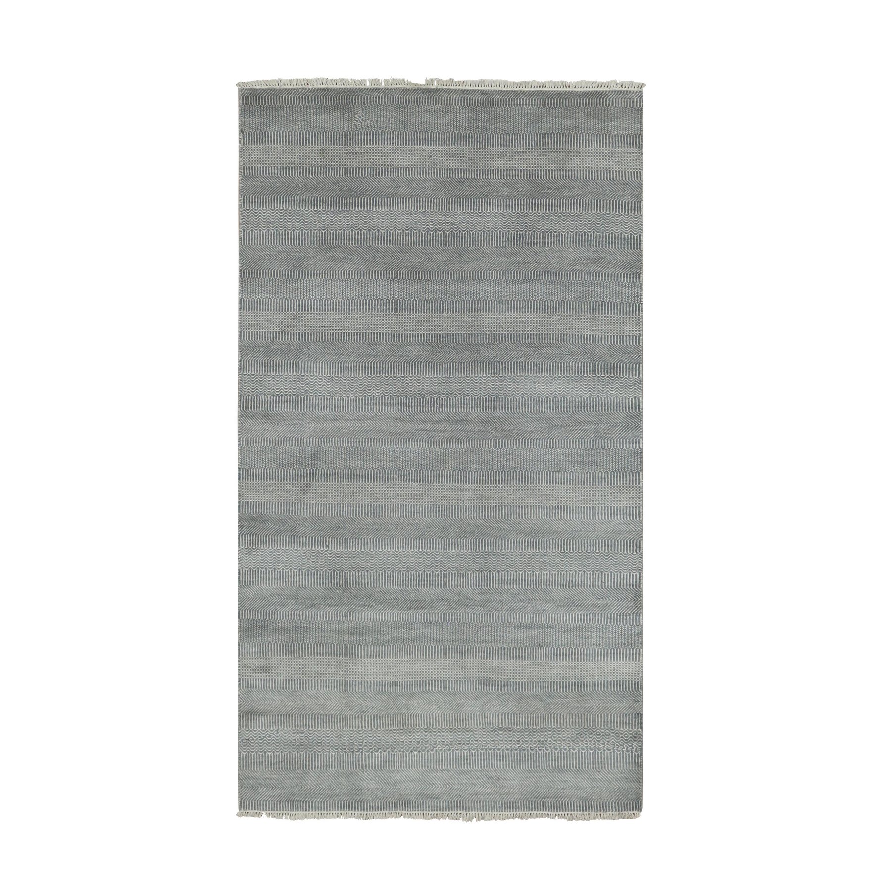 3'10"x7' Charcoal Gray, Tone on Tone Soft to the Touch, Wool and Silk Hand Knotted, Grass Design Dense Weave, Wide Runner Oriental Rug HR79337