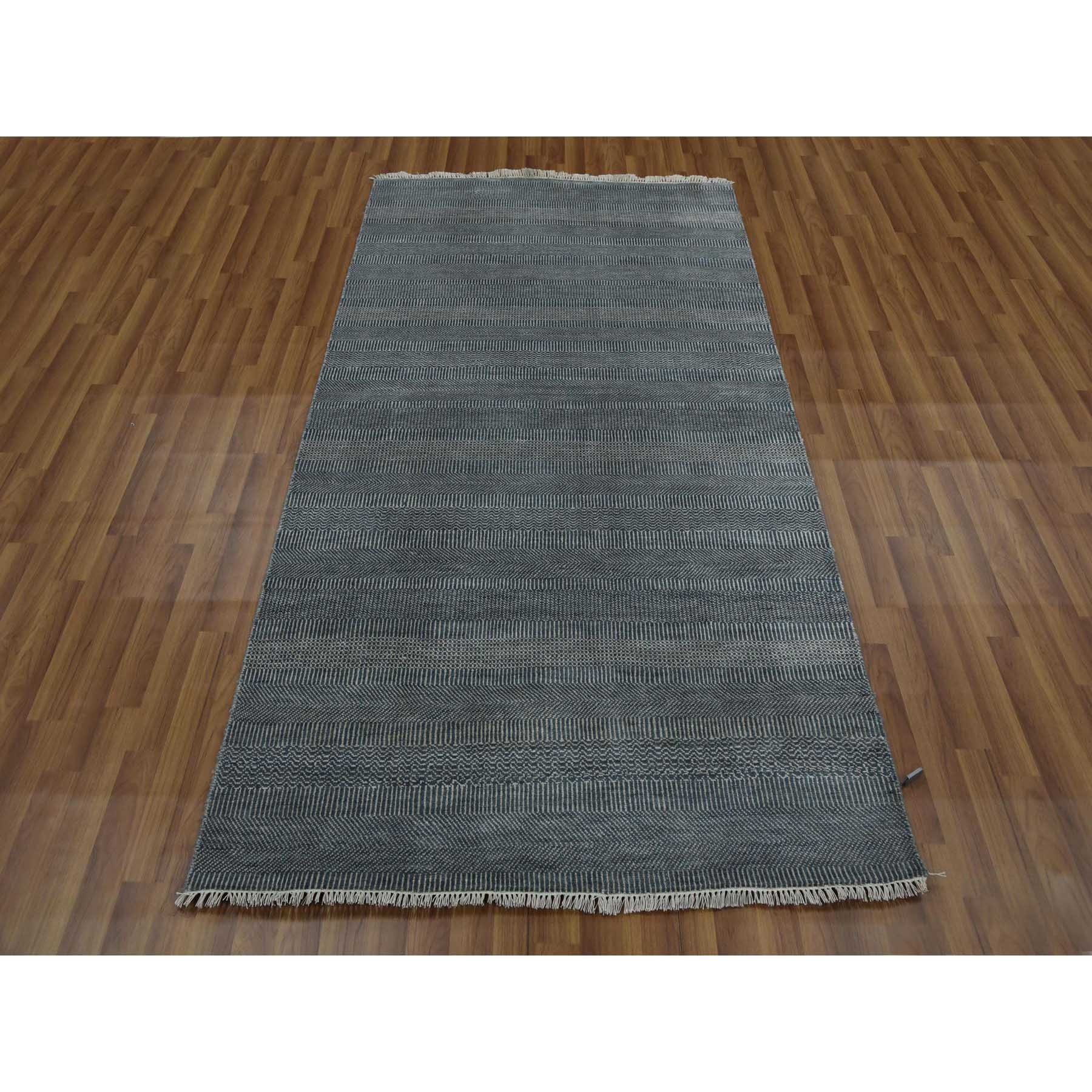 3'10"x7' Charcoal Gray, Tone on Tone Soft to the Touch, Wool and Silk Hand Knotted, Grass Design Dense Weave, Wide Runner Oriental Rug HR79337 - Image 2