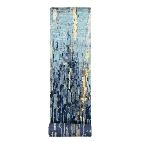 2'6"x17'9" Prussian Blue, Denser Weave, Wool and Silk, Mosaic Design with Mix of Gold, Hand Knotted Persian Knot, XL Runner Oriental Rug HR84724