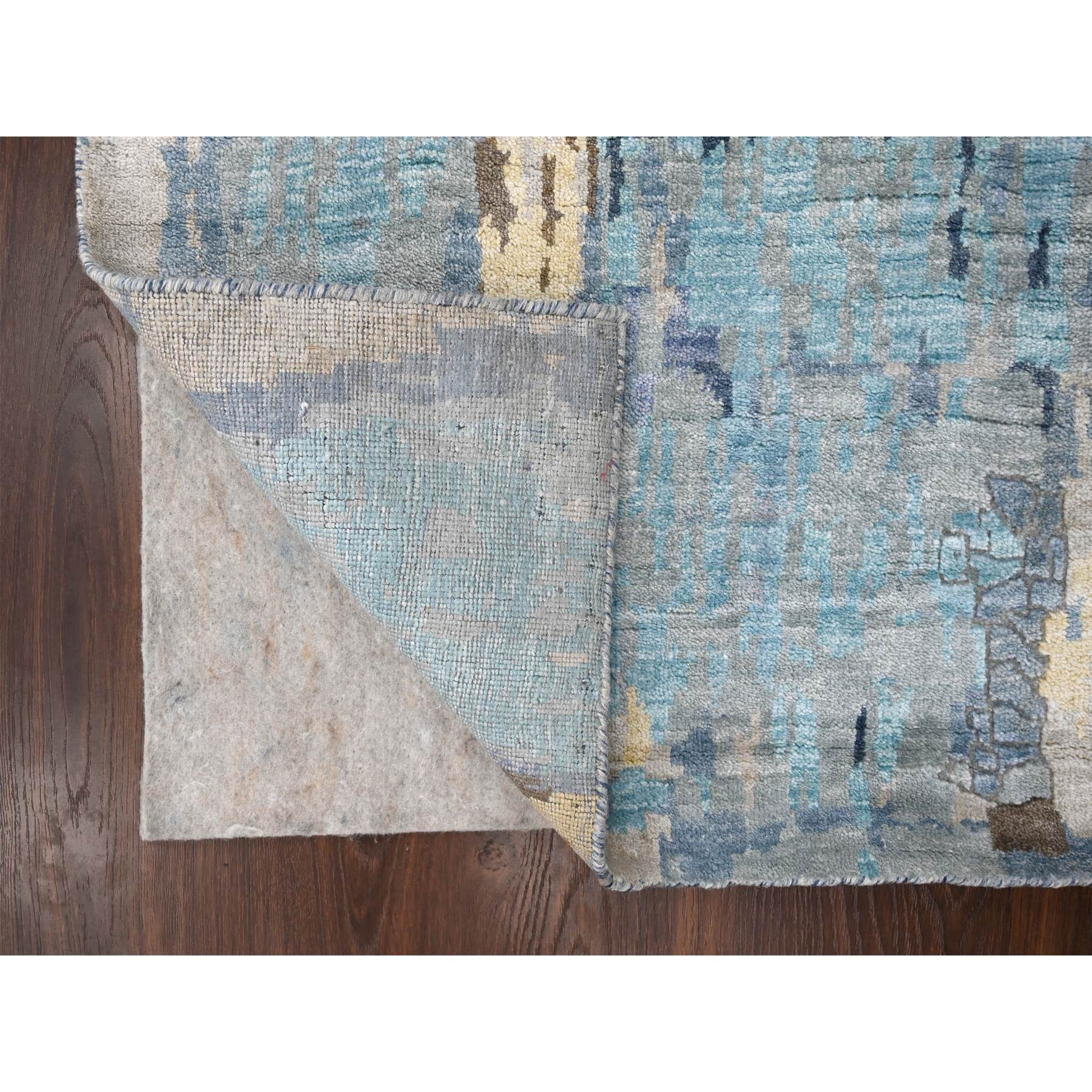 2'6"x17'9" Prussian Blue, Denser Weave, Wool and Silk, Mosaic Design with Mix of Gold, Hand Knotted Persian Knot, XL Runner Oriental Rug HR84724 - Image 3
