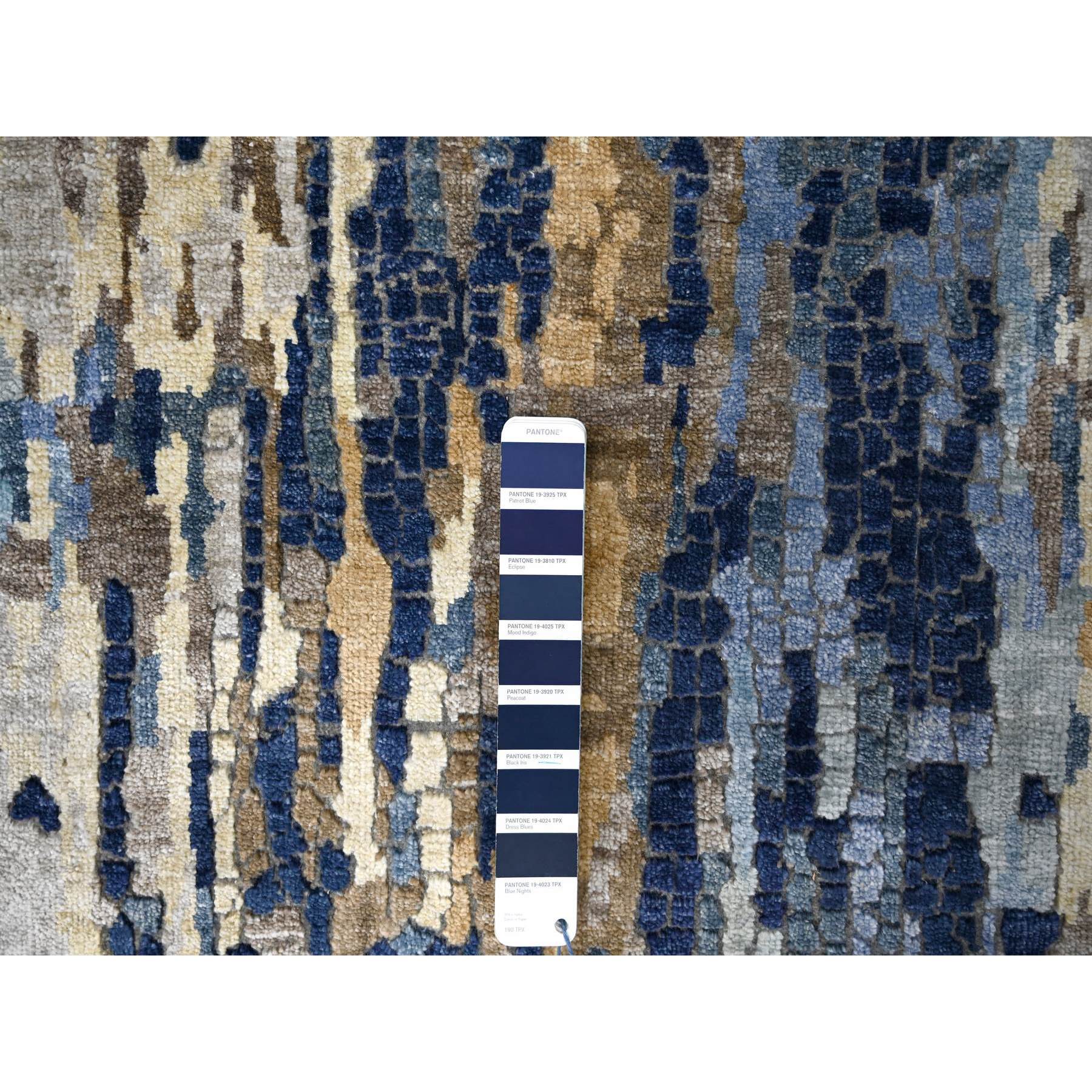 2'6"x17'9" Prussian Blue, Denser Weave, Wool and Silk, Mosaic Design with Mix of Gold, Hand Knotted Persian Knot, XL Runner Oriental Rug HR84724 - Image 4