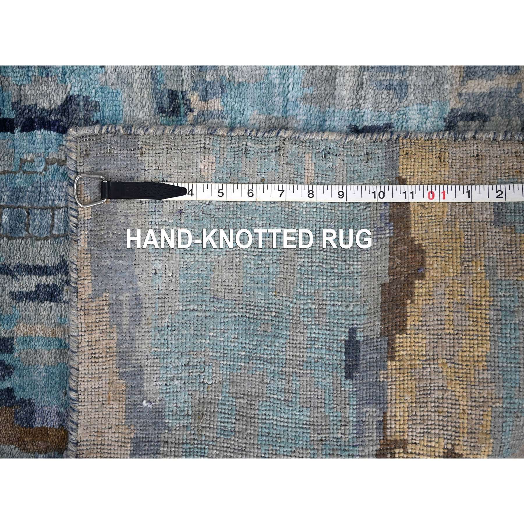 2'6"x17'9" Prussian Blue, Denser Weave, Wool and Silk, Mosaic Design with Mix of Gold, Hand Knotted Persian Knot, XL Runner Oriental Rug HR84724 - Image 8