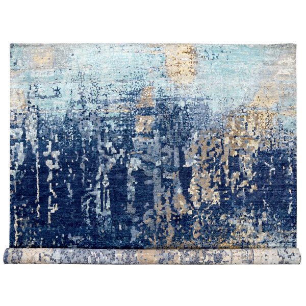 12'x12' Brewers Blue, Modern Wool and Silk Mosaic Design with Mix of Gold, Hand Knotted Persian Knot, Denser Weave, Oriental Square Rug HR84727