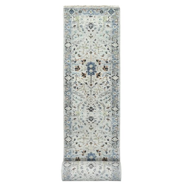 2'8"x27'8" Oyster Gray, 100% Wool, Denser Weave, Hand Knotted, Vegetable Dyes, Oushak with Floral Motifs,  XL Runner Oriental Rug HR84735