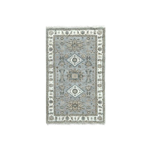 3'2"x5' Misty Gray with Daisy White, Hand Knotted, Karajeh Design with Geometric Medallion, Natural Wool, Oriental Rug HR84744