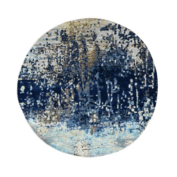 6'x6' Prussian Blue, Wool and Silk Hand Knotted, Mosaic Design with Mix of Gold, Round Oriental Rug HR84752