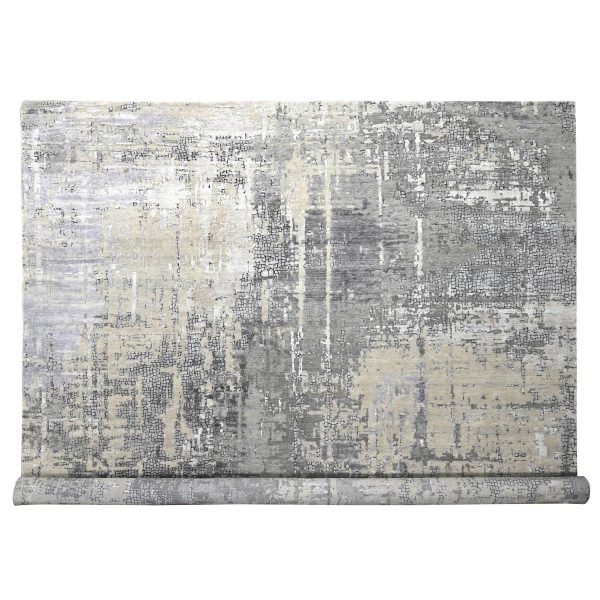 12'x12' Battleship Gray, Abstract Persian Knot with Mosaic Design, Wool and Silk, Hand Knotted, Dense Weave, Square Oriental Rug HR84753