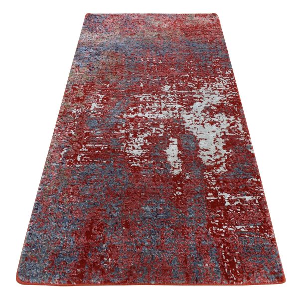 2'4"x4'7" Maroon Red, 100% Wool, Hand Knotted, Modern Abstract Galaxy Design, Sample Mat Oriental Rug HR87544