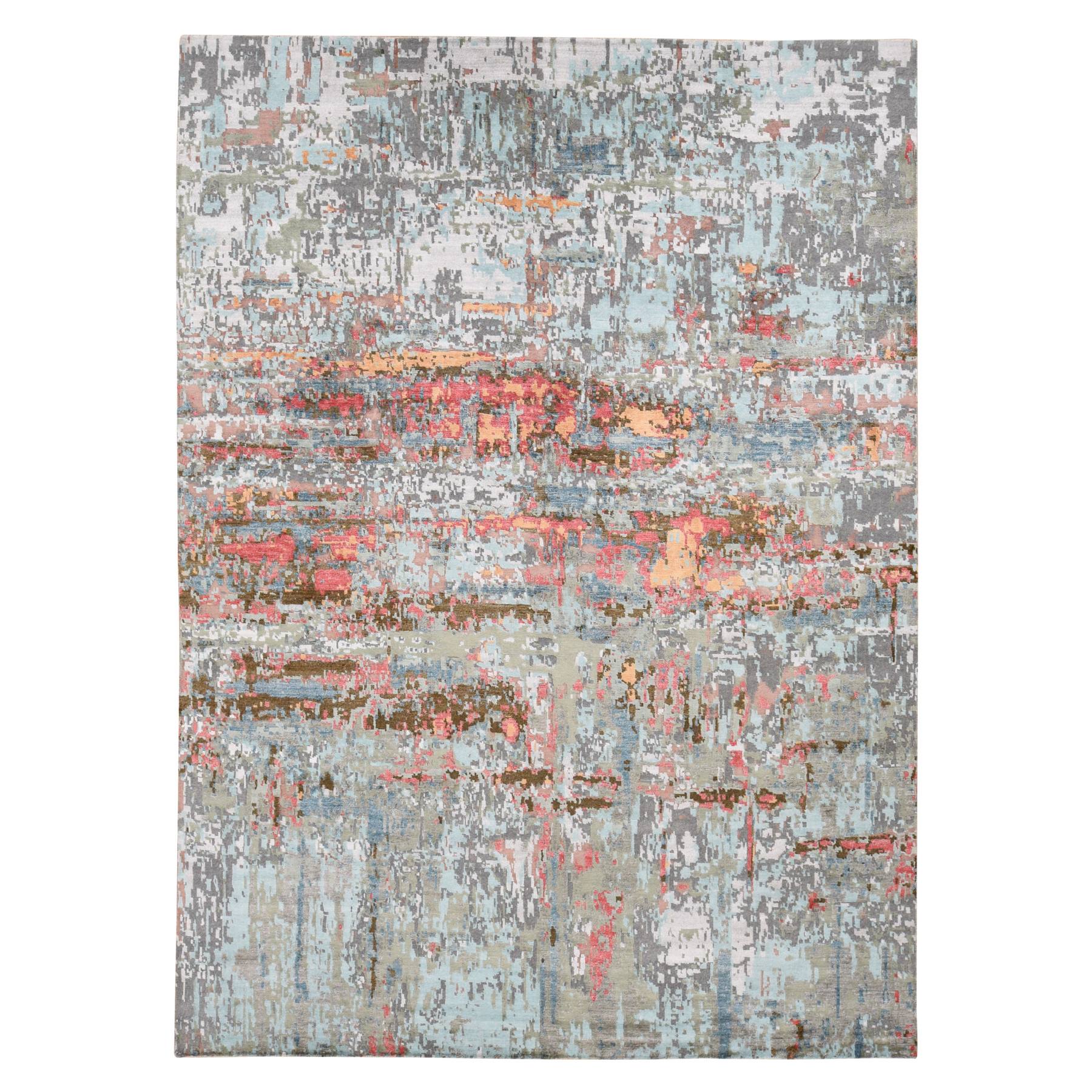 9'10"x13'8" Cloud Gray, Abstract Design, Wool and Silk, Hand Knotted, Oriental Rug HR87583