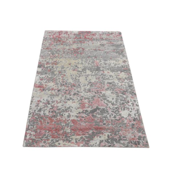 3'x4'9" Watermelon Pink, Thick and Plush, Abstract Design, Wool and Silk, Hand Knotted, Oriental Rug HR87614