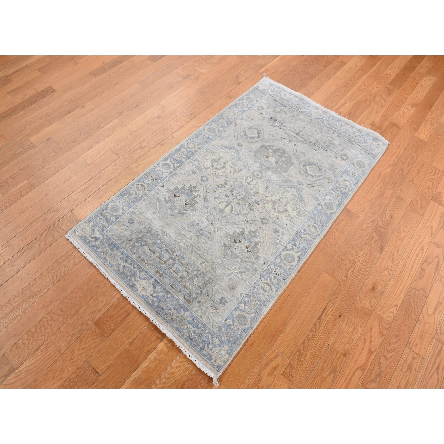 3'x5'3" Sky Blue, Pure Silk with Textured Wool, Mughal Inspired Medallions Design, Distressed, Hand Knotted, Oriental Rug HR87615 - Image 2