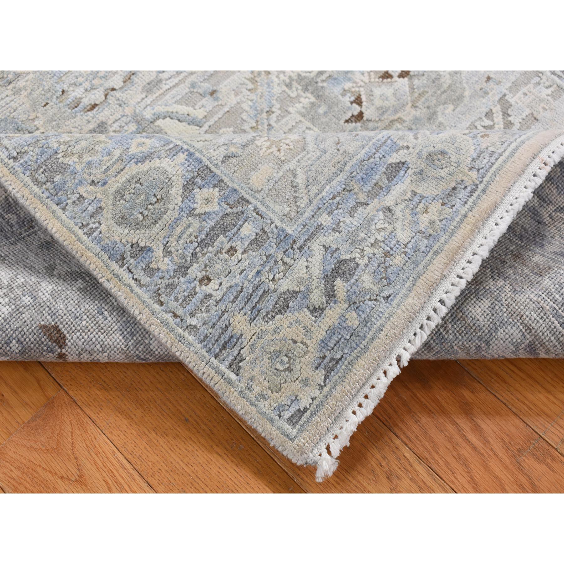 3'x5'3" Sky Blue, Pure Silk with Textured Wool, Mughal Inspired Medallions Design, Distressed, Hand Knotted, Oriental Rug HR87615 - Image 4