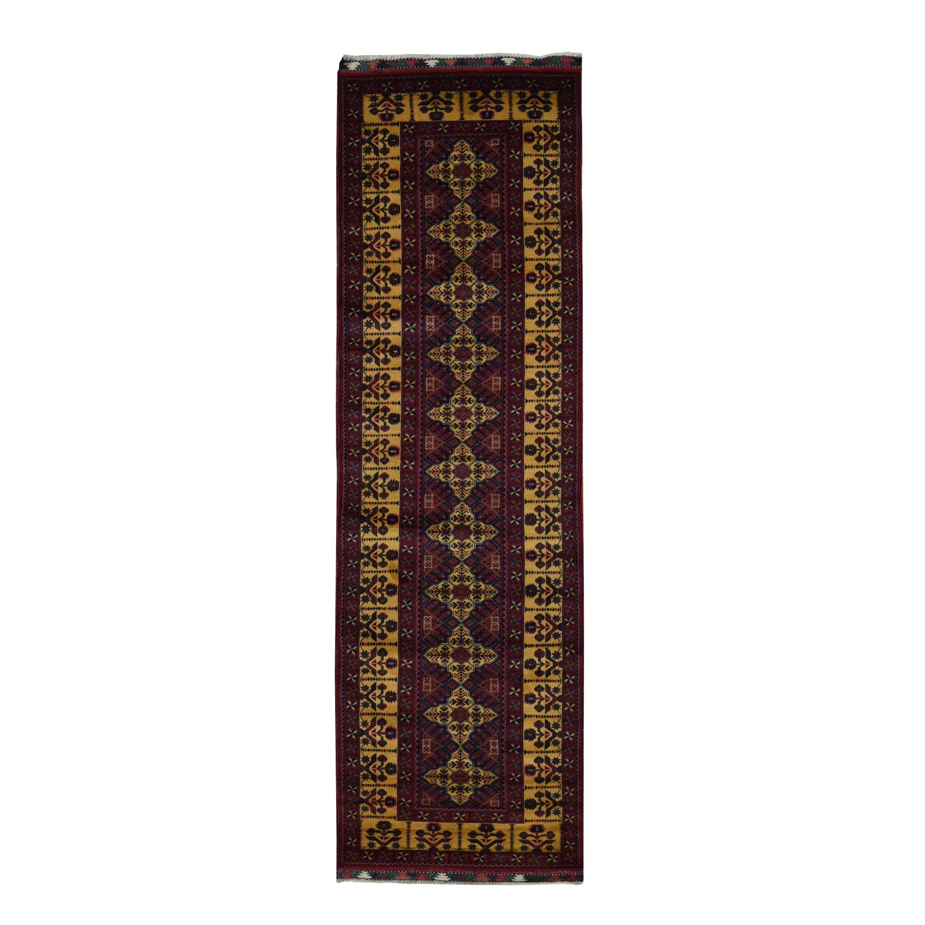 3'x10'2" Vermilion Red, Afghan Khamyab, Vegetable Dyes, Denser Weave, Shiny Wool, Hand Knotted, Runner Oriental Rug HR87617
