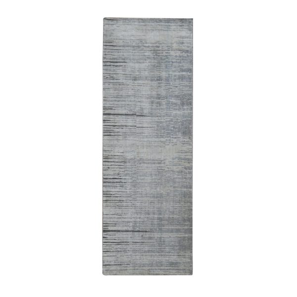 3'x9' Ash Gray, Horizontal Ombre Design, Pure Silk, Hand Knotted, Runner Oriental Rug HR87620