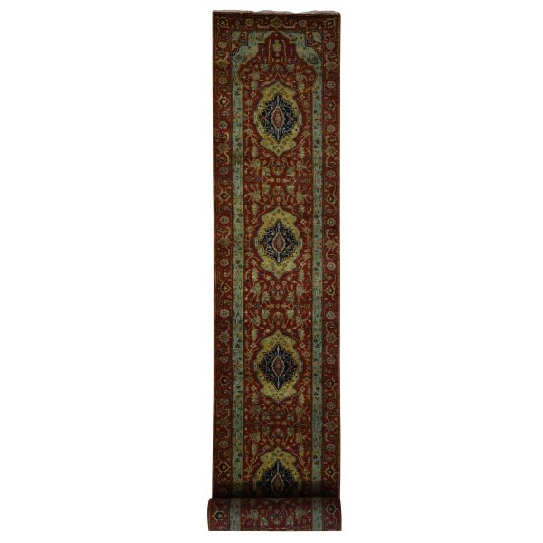 2'7"x17'7" Brick Red, Antiqued Heriz, Hand Spun New Zealand Wool, Hand Knotted, XL Runner Oriental Rug HR87623