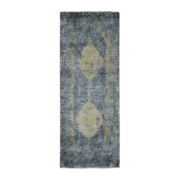 3'x8' Davy’s Gray, Persian Design, Wool and Pure Silk, Hand Knotted, Wide Runner Oriental Rug HR87627