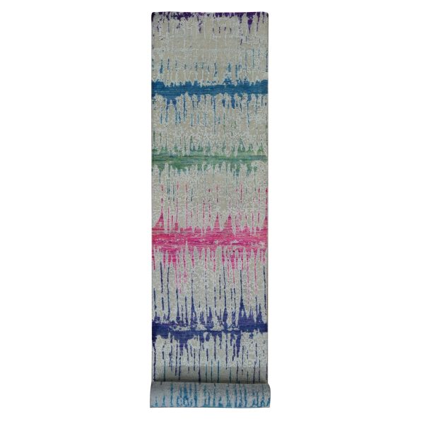 2'7"x14' Linen White, THE CARDIAC, Sari Silk with Textured Wool, Runner, Hand Knotted, Oriental Rug HR87636