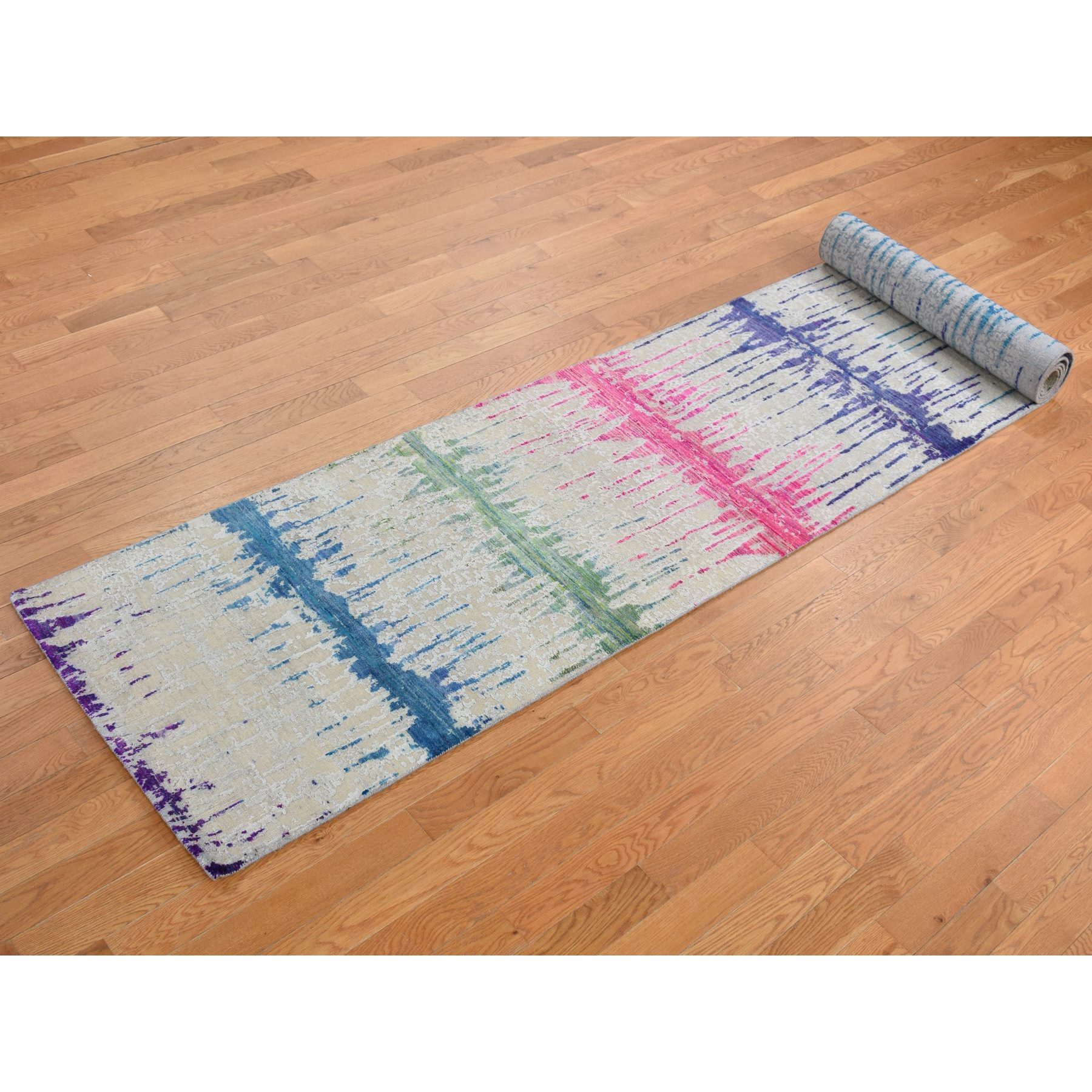 2'7"x14' Linen White, THE CARDIAC, Sari Silk with Textured Wool, Runner, Hand Knotted, Oriental Rug HR87636 - Image 3