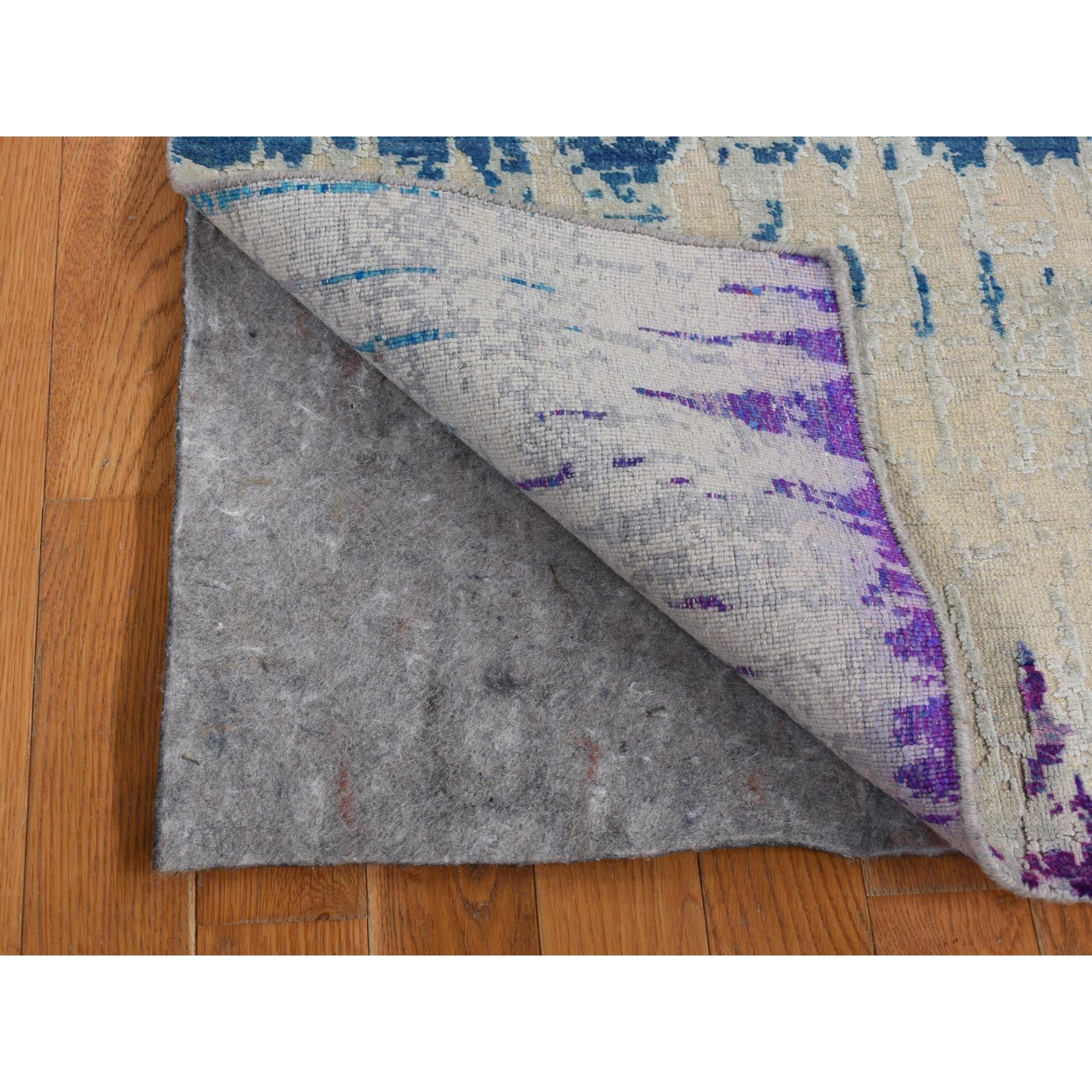 2'7"x14' Linen White, THE CARDIAC, Sari Silk with Textured Wool, Runner, Hand Knotted, Oriental Rug HR87636 - Image 4