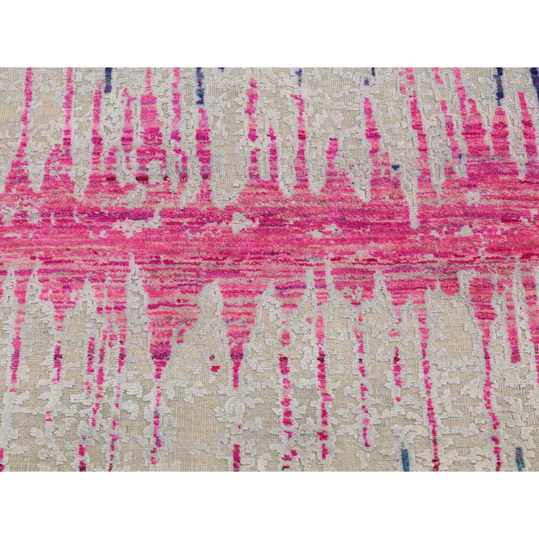 2'7"x14' Linen White, THE CARDIAC, Sari Silk with Textured Wool, Runner, Hand Knotted, Oriental Rug HR87636 - Image 7