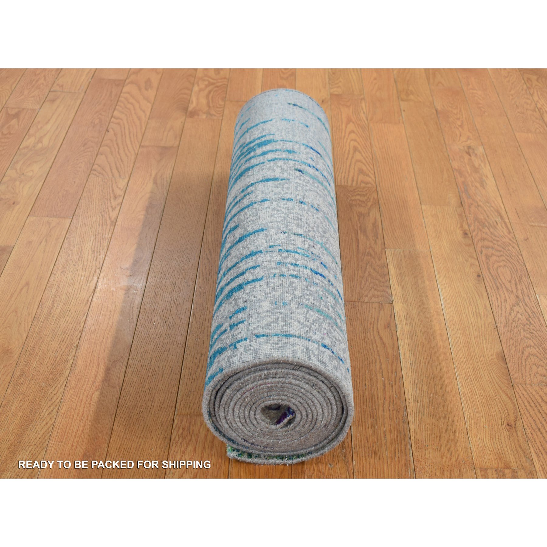 2'7"x14' Linen White, THE CARDIAC, Sari Silk with Textured Wool, Runner, Hand Knotted, Oriental Rug HR87636 - Image 8