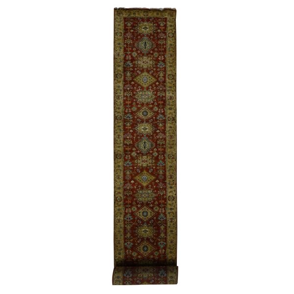 2'7"x19'10" Brick Red, Hand Knotted, XL Runner, Karajeh with Geometric Medallion Design, Pure Wool, Oriental Rug HR67079