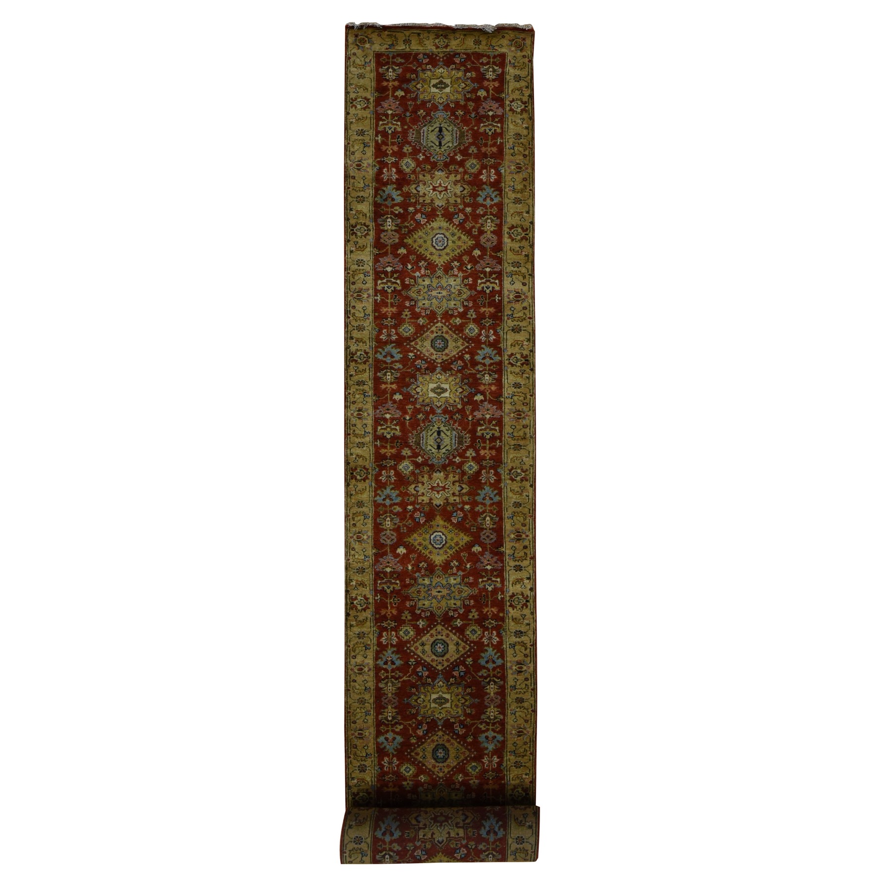 2'7"x19'10" Brick Red, Hand Knotted, XL Runner, Karajeh with Geometric Medallion Design, Pure Wool, Oriental Rug HR67079