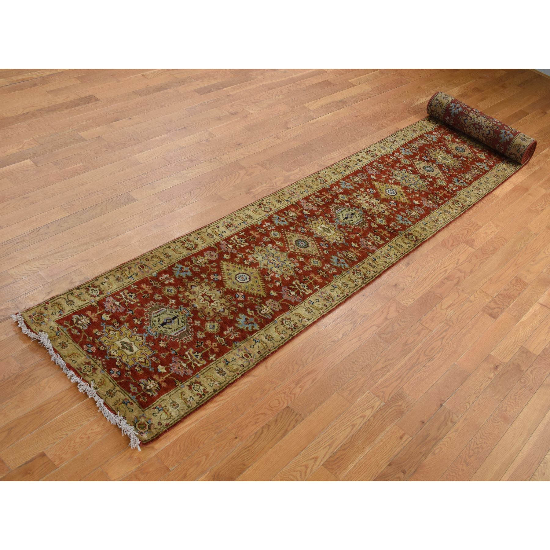 2'7"x19'10" Brick Red, Hand Knotted, XL Runner, Karajeh with Geometric Medallion Design, Pure Wool, Oriental Rug HR67079 - Image 3