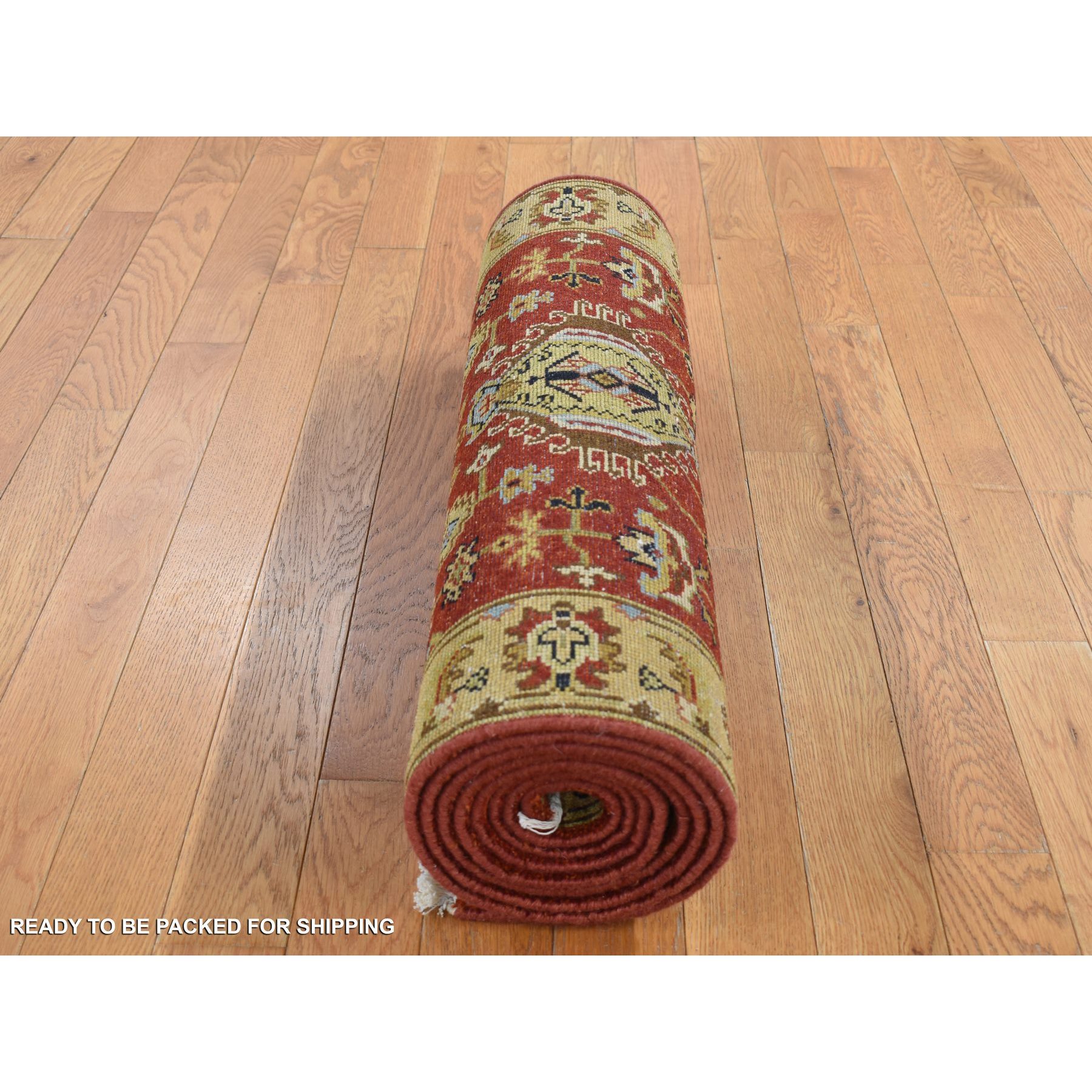 2'7"x19'10" Brick Red, Hand Knotted, XL Runner, Karajeh with Geometric Medallion Design, Pure Wool, Oriental Rug HR67079 - Image 8