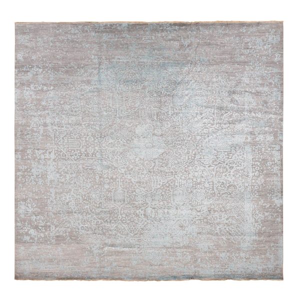 11'8"x11'8" Sea Foam Green, Hand Knotted, Broken Persian Design, Square, Wool and Silk, Oriental Rug HR87643