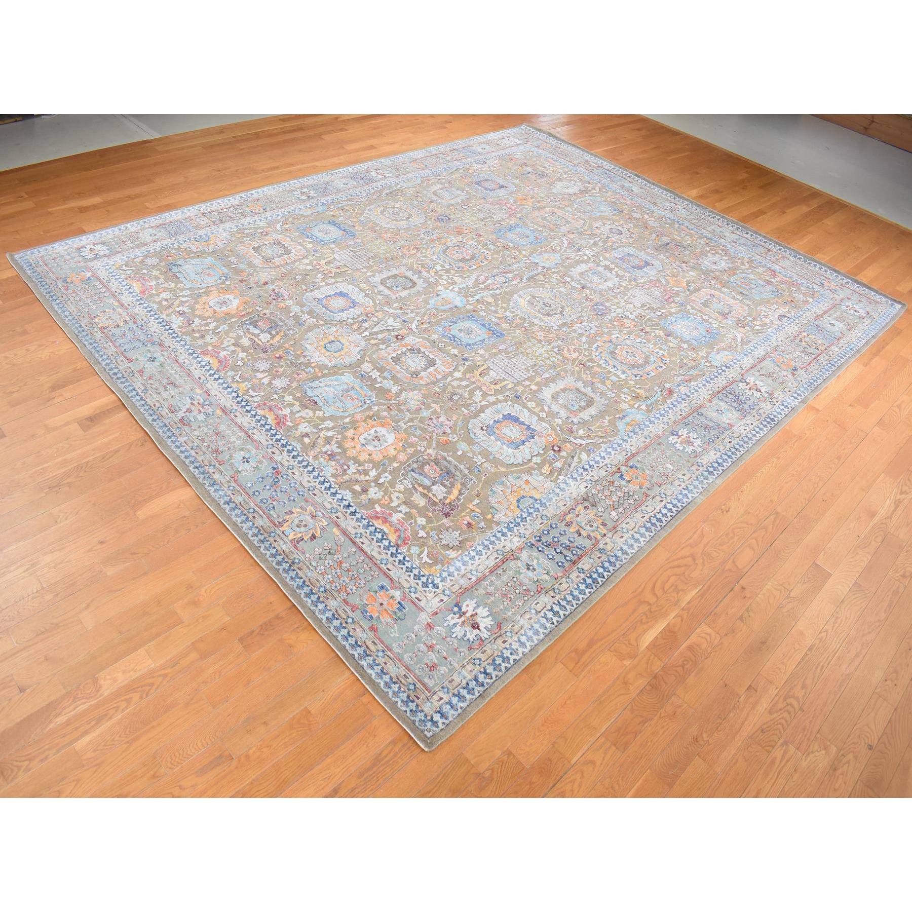 11'9"x15'2" Tortilla Brown, Antiqued Tabriz Vase and Flower Blossom Design, Hi-Lo Pile, Silk with Textured Wool, Hand Knotted, Oversized, Oriental Rug HR87644 - Image 4