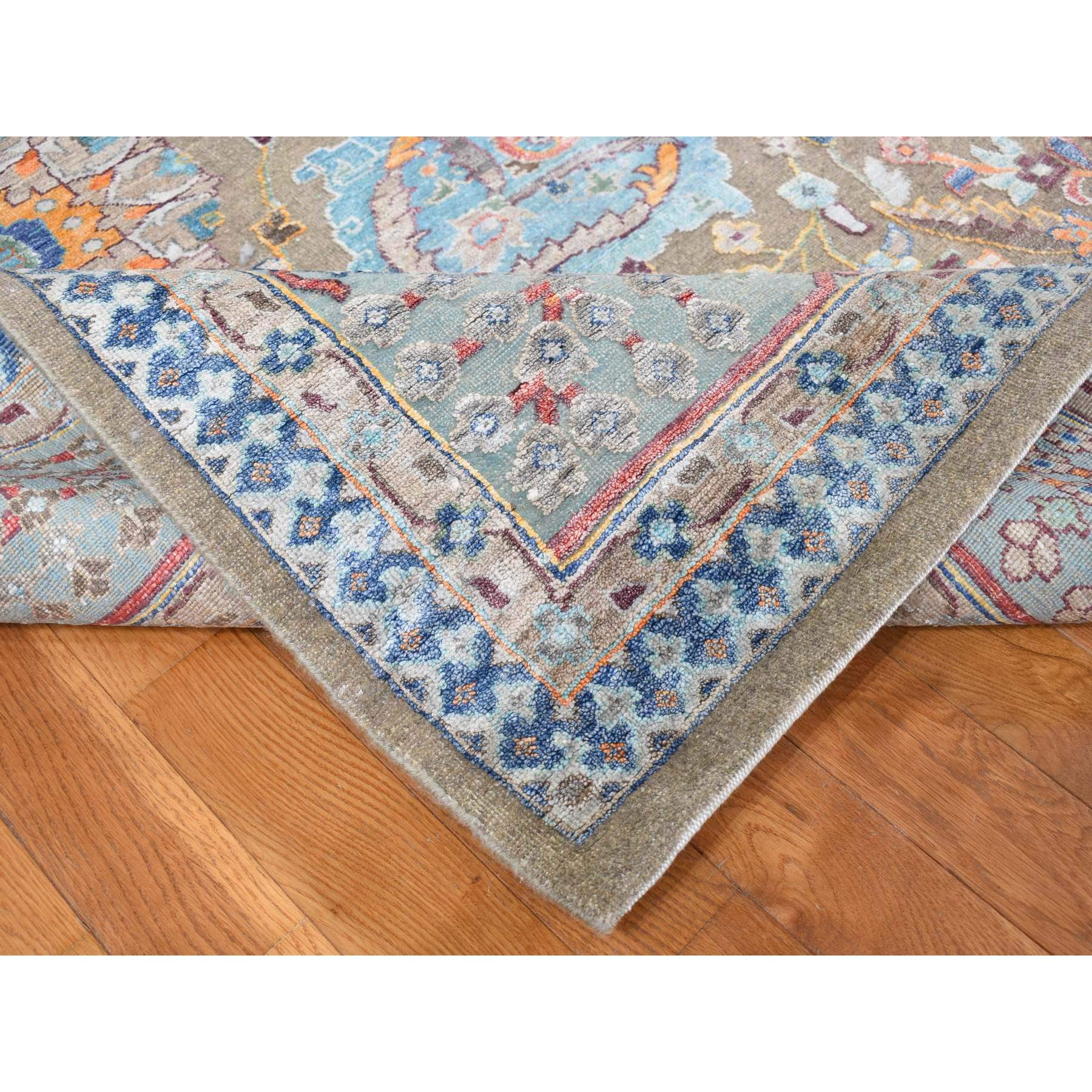 11'9"x15'2" Tortilla Brown, Antiqued Tabriz Vase and Flower Blossom Design, Hi-Lo Pile, Silk with Textured Wool, Hand Knotted, Oversized, Oriental Rug HR87644 - Image 6