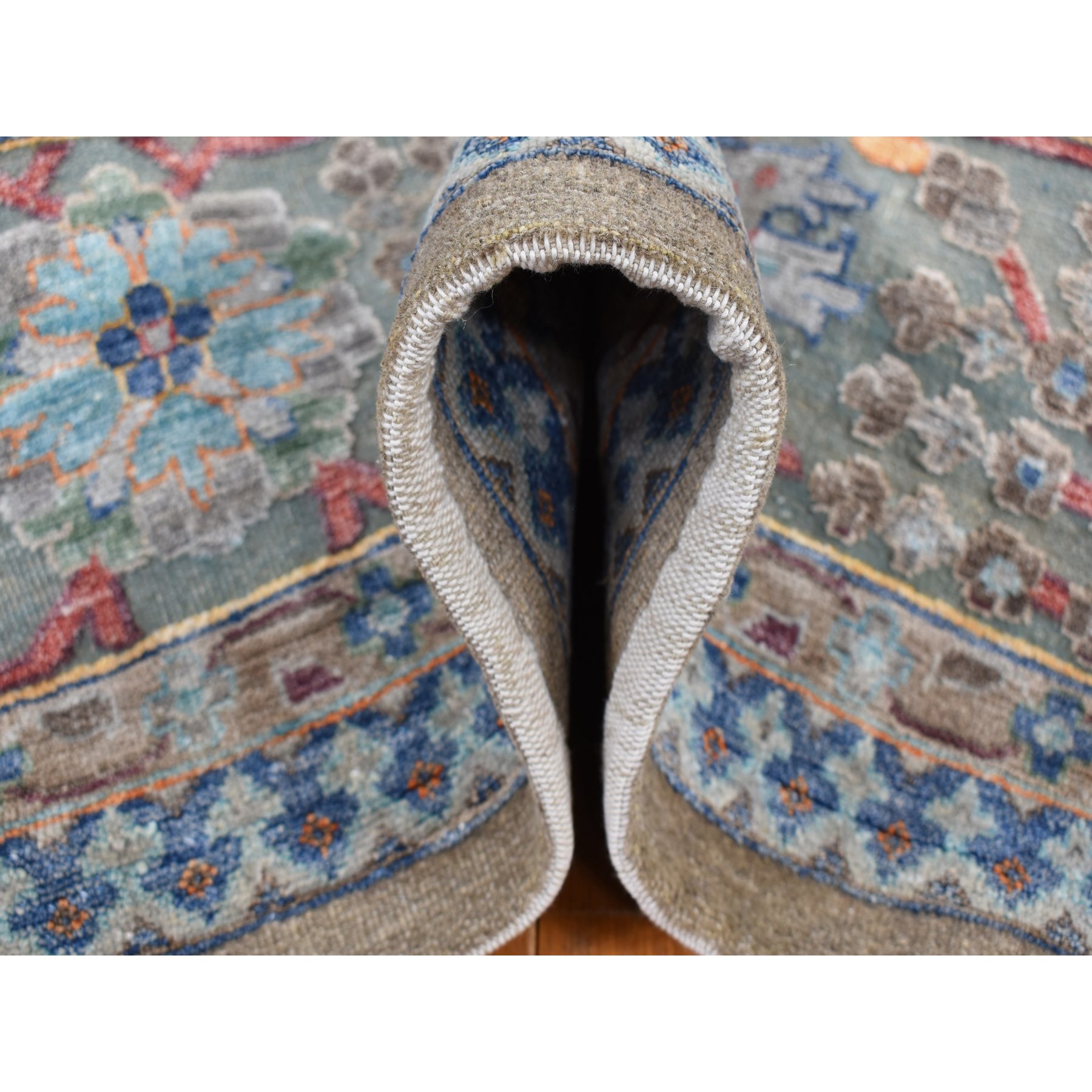 11'9"x15'2" Tortilla Brown, Antiqued Tabriz Vase and Flower Blossom Design, Hi-Lo Pile, Silk with Textured Wool, Hand Knotted, Oversized, Oriental Rug HR87644 - Image 7