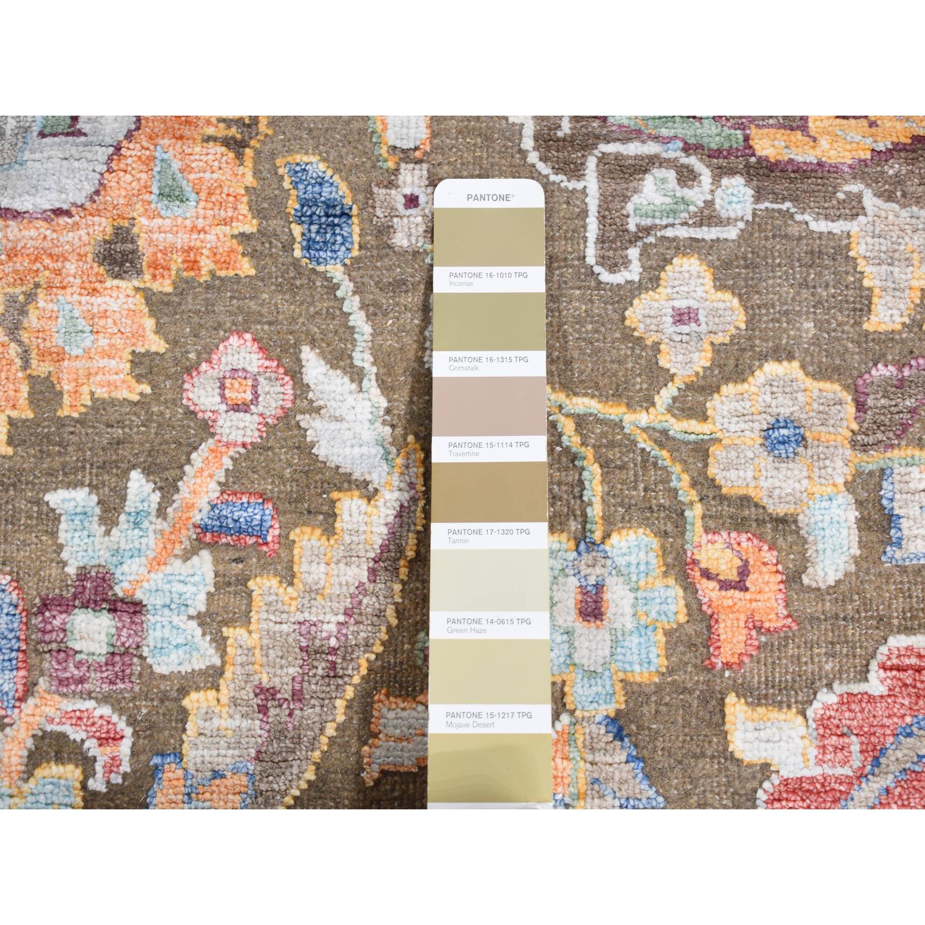 11'9"x15'2" Tortilla Brown, Antiqued Tabriz Vase and Flower Blossom Design, Hi-Lo Pile, Silk with Textured Wool, Hand Knotted, Oversized, Oriental Rug HR87644 - Image 8