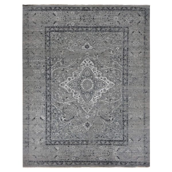 12'x15'5" Fossil Gray, Broken and Erased Persian Design, Silk with Textured Wool, Hand Knotted, Oversized Oriental Rug HR87648