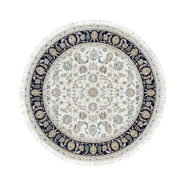 6'x6' Powder White, Hand Knotted, Nain with All Over Flower Design, 250 KPSI, Soft Wool, Round Oriental Rug HR90068