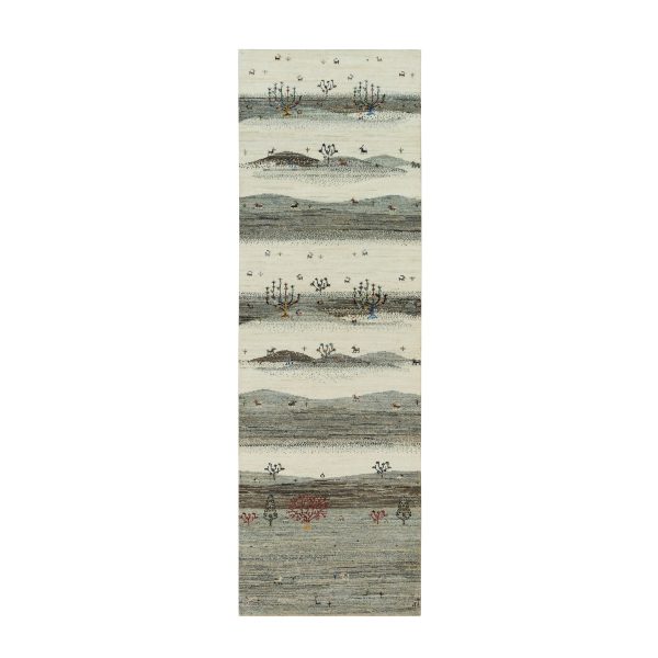 2'7"x8' Linen White, Lori Buft Gabbeh with Small Animal Figurines, Modern Striae Design, Thick and Plush Soft Pile, 100% Wool, Hand Knotted, Runner Oriental Rug HR90155