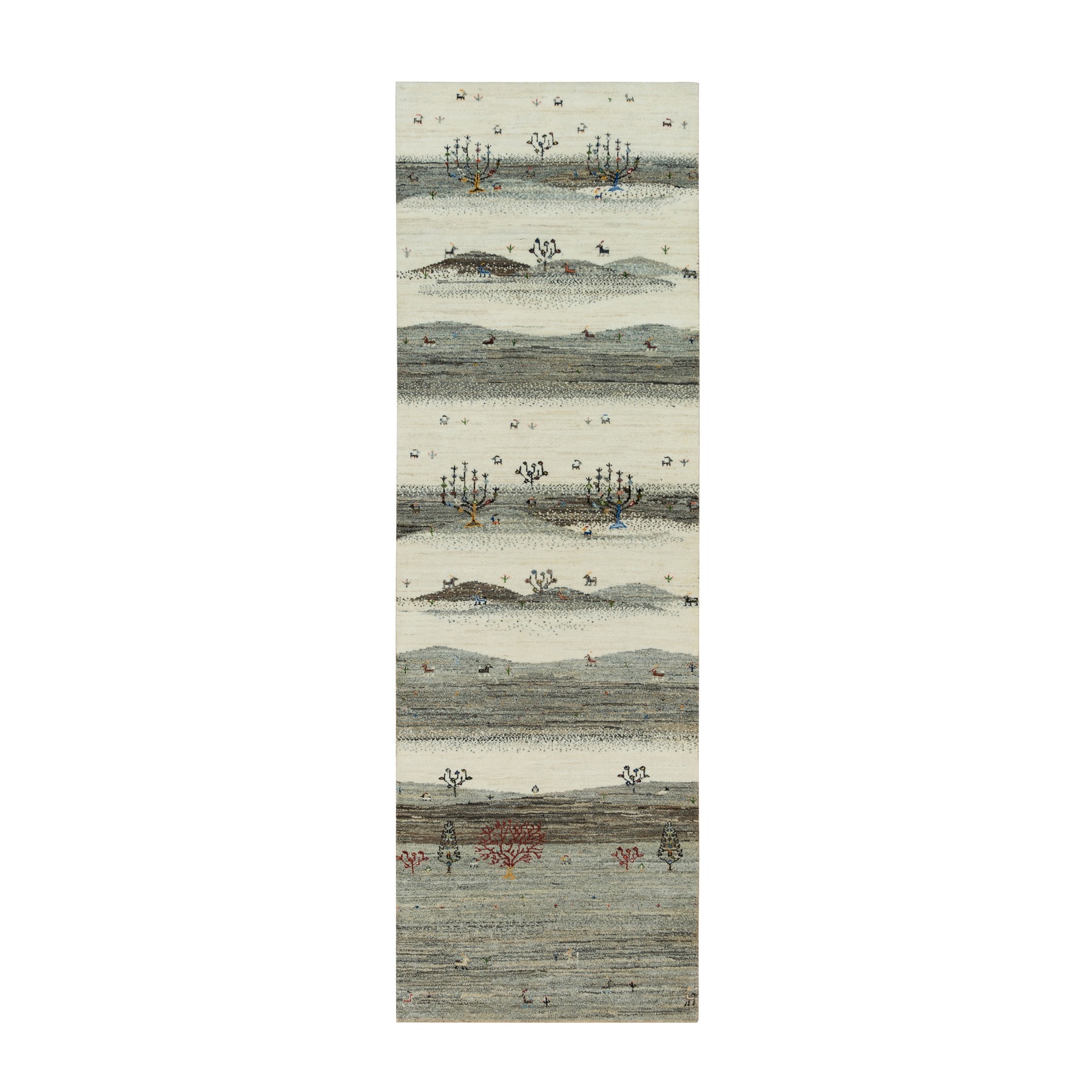 2'7"x8' Linen White, Lori Buft Gabbeh with Small Animal Figurines, Modern Striae Design, Thick and Plush Soft Pile, 100% Wool, Hand Knotted, Runner Oriental Rug HR90155