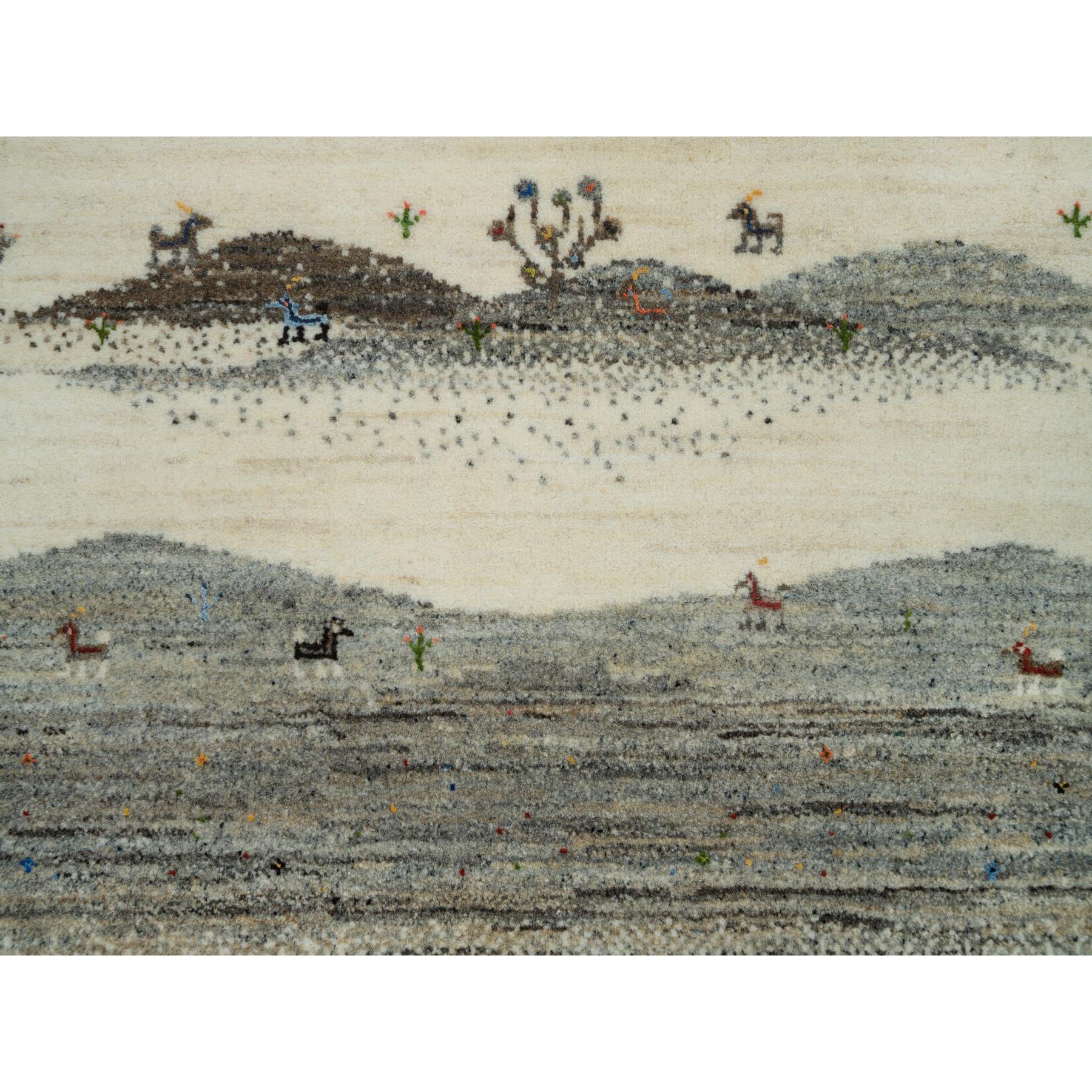 2'7"x8' Linen White, Lori Buft Gabbeh with Small Animal Figurines, Modern Striae Design, Thick and Plush Soft Pile, 100% Wool, Hand Knotted, Runner Oriental Rug HR90155 - Image 5