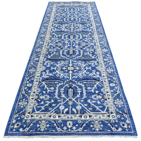 4'3"x11'9" Cobalt Blue, Fine Peshawar with Heriz Design, Natural Dyes Densely Woven, Soft Organic Wool Hand Knotted, Wide Runner Oriental Rug HR72385