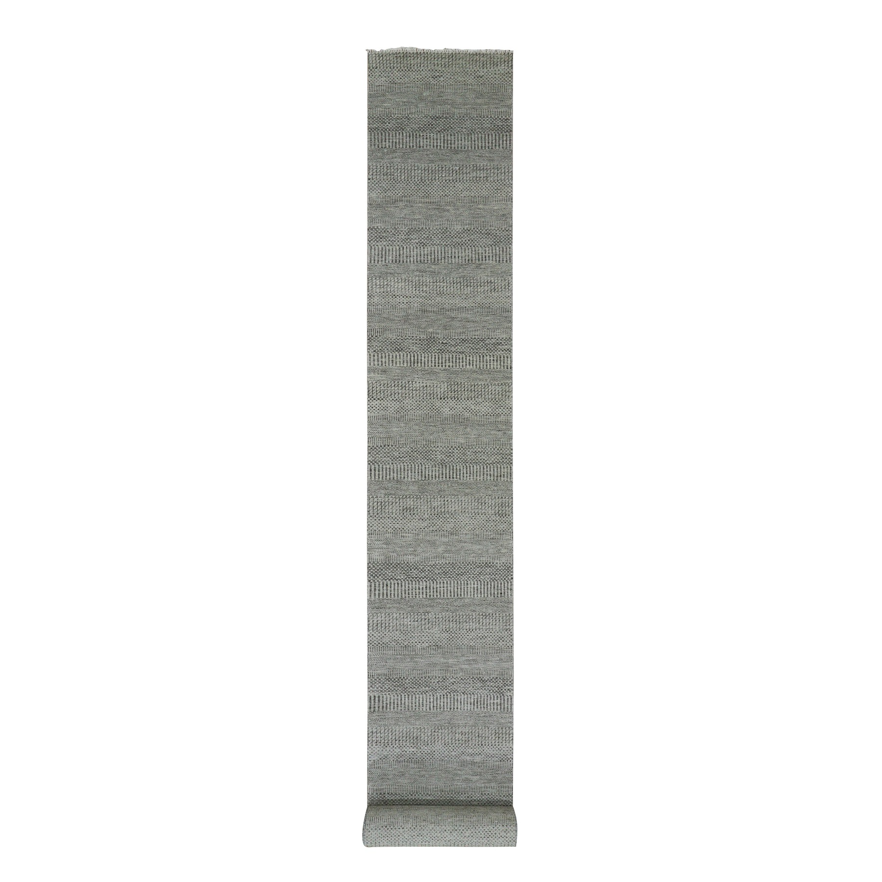 2'7"x22'1" Stone Eagle Gray, Modern Tone on Tone Grass Organic Undyed Wool Design, Hand Knotted, XL Runner Oriental Rug HR79702