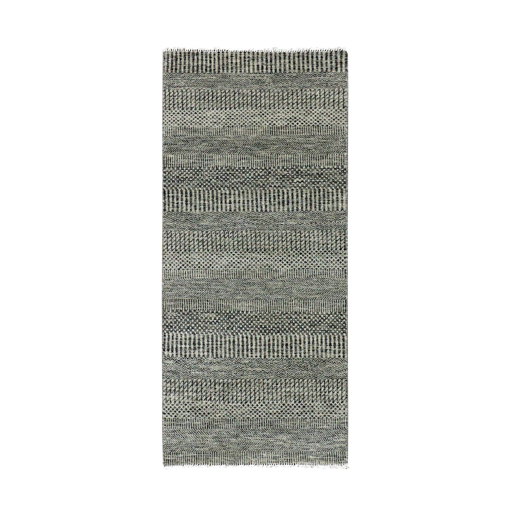 2'6"x5'10" Dove and Onyx Gray, Hand Knotted, Undyed Modern Grass 100% Wool Design, Tone on Tone, Oriental Runner Rug HR79707