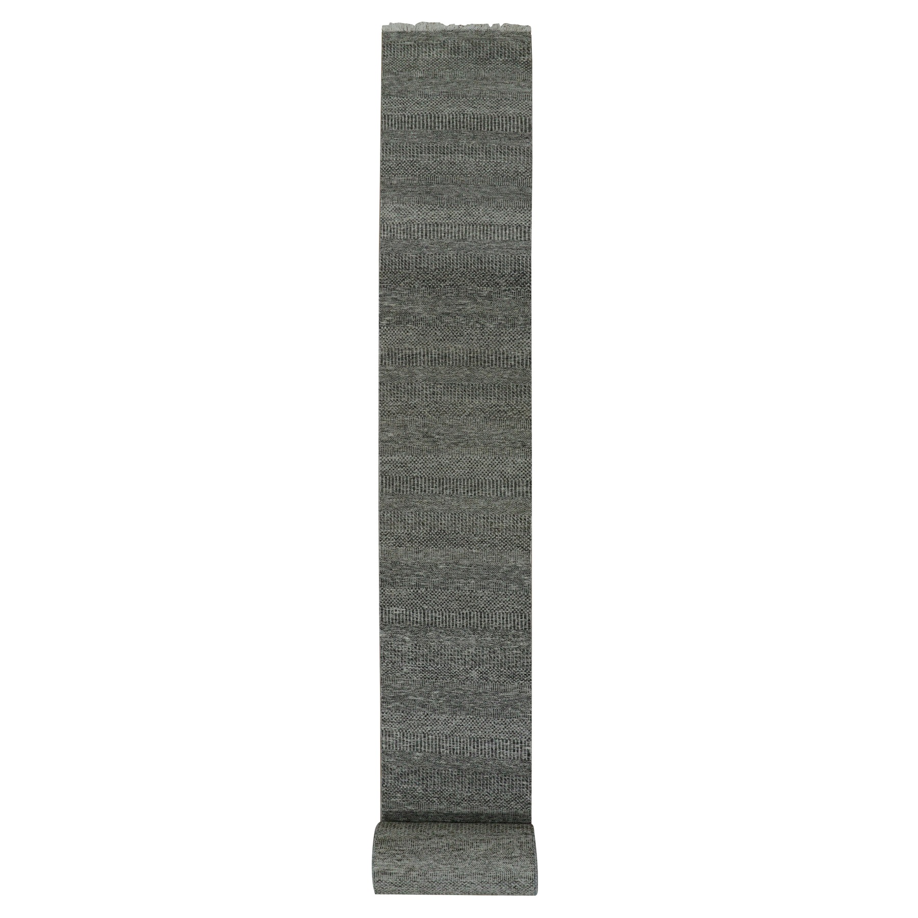 2'5"x32'3" Oyster Mushroom Gray, Hand Knotted, Undyed 100% Wool, Modern Grass Design, Tone on Tone, Oriental XL Runner Rug HR79736