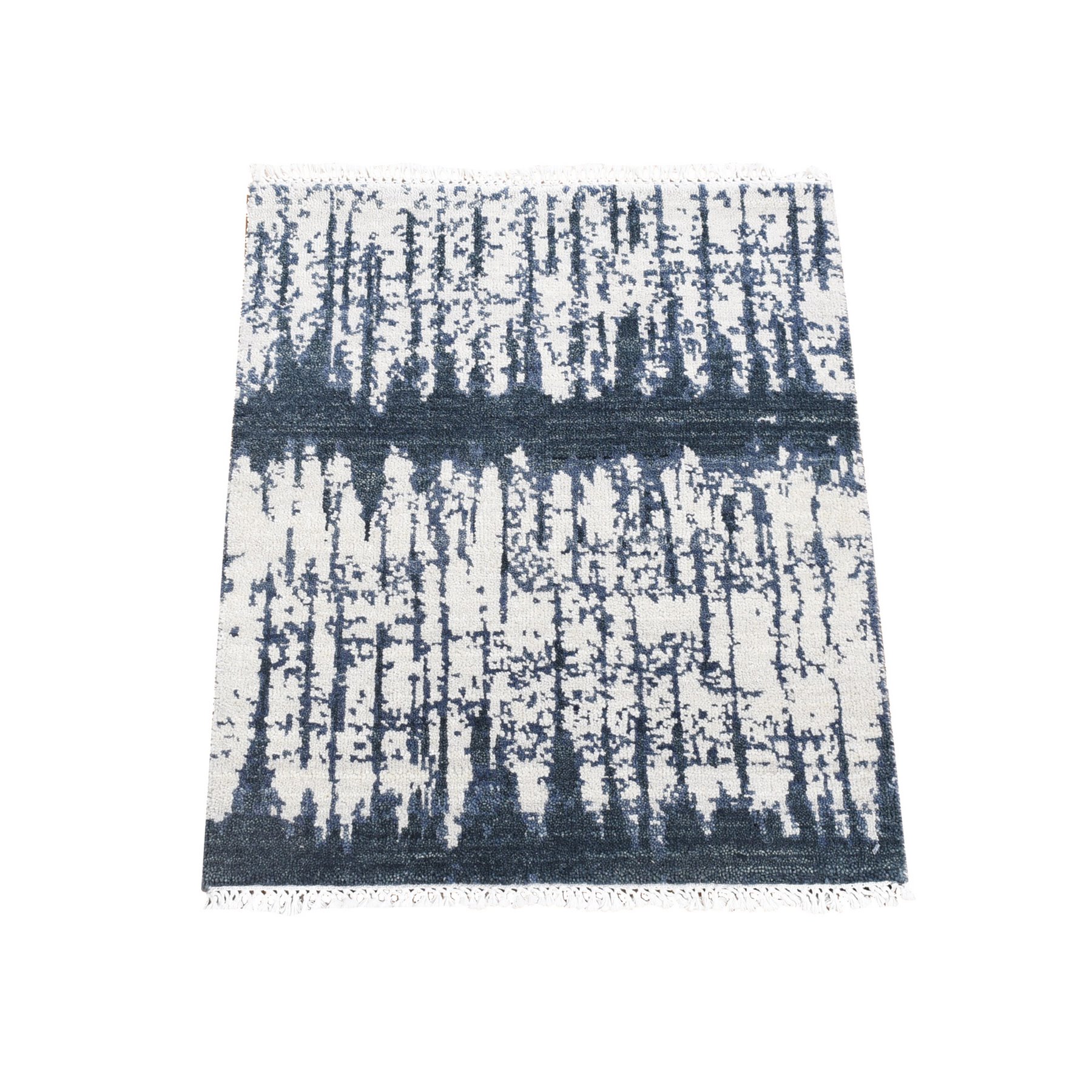 2'x2'4" Ivory and Charcoal Black, 100% Wool, Cardiac Design, Modern, Hand Knotted, Squarish, Mat Oriental Rug HR80490
