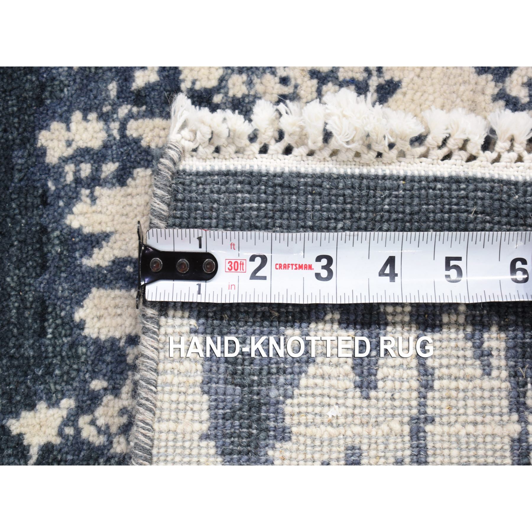 2'x2'4" Ivory and Charcoal Black, 100% Wool, Cardiac Design, Modern, Hand Knotted, Squarish, Mat Oriental Rug HR80490 - Image 6